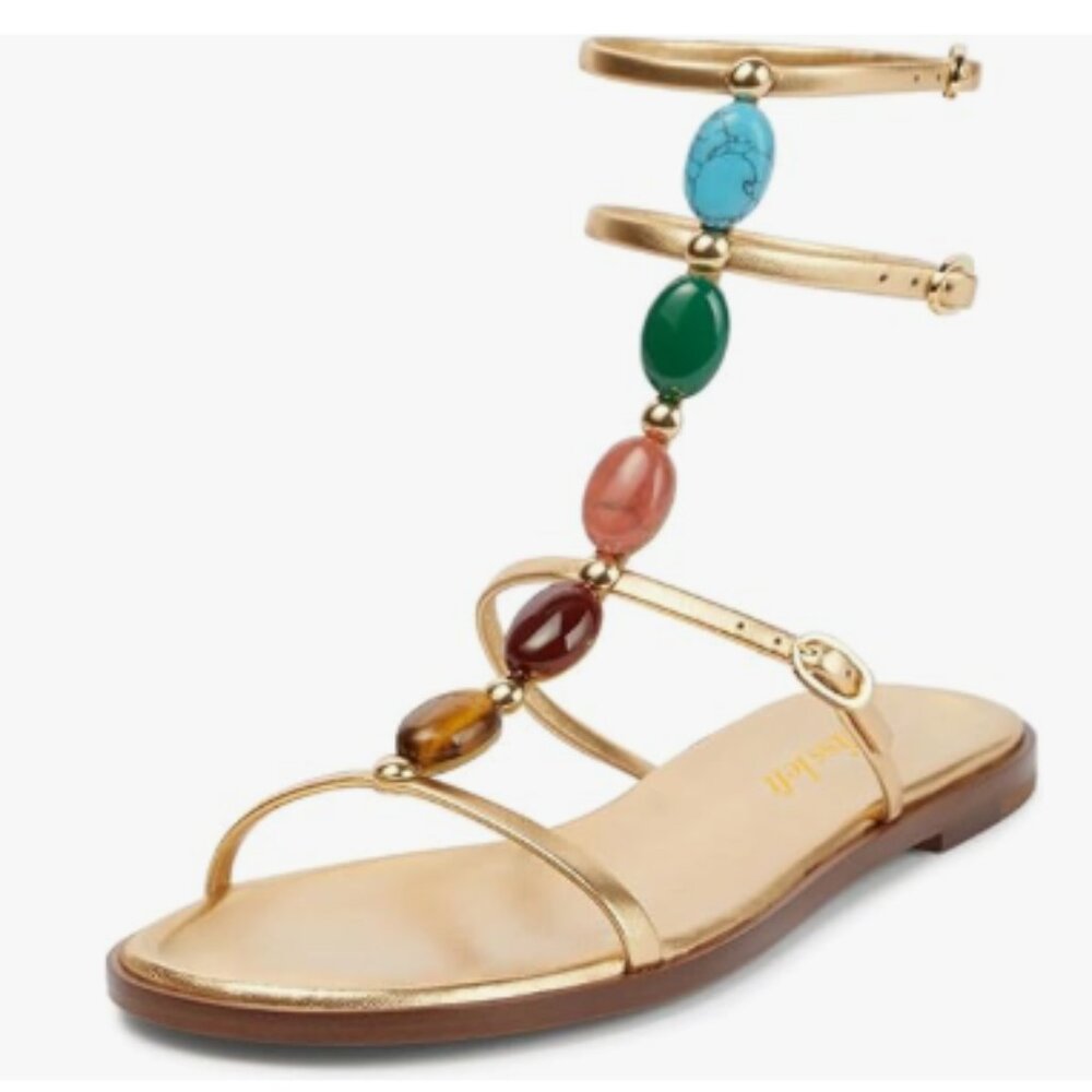 miss left Gold Jewelled T-Strap Flat Gladiator Sandals Open Toe Buckled Shoes